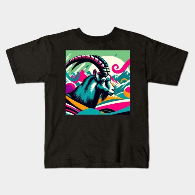 Mountain Majesty - Pop Art Alpine Ibex Kids T-Shirt by PawPopArt